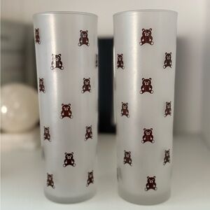 Vintage Frosted White Highball Glasses with Brown Teddy Bear Motif Set of 2